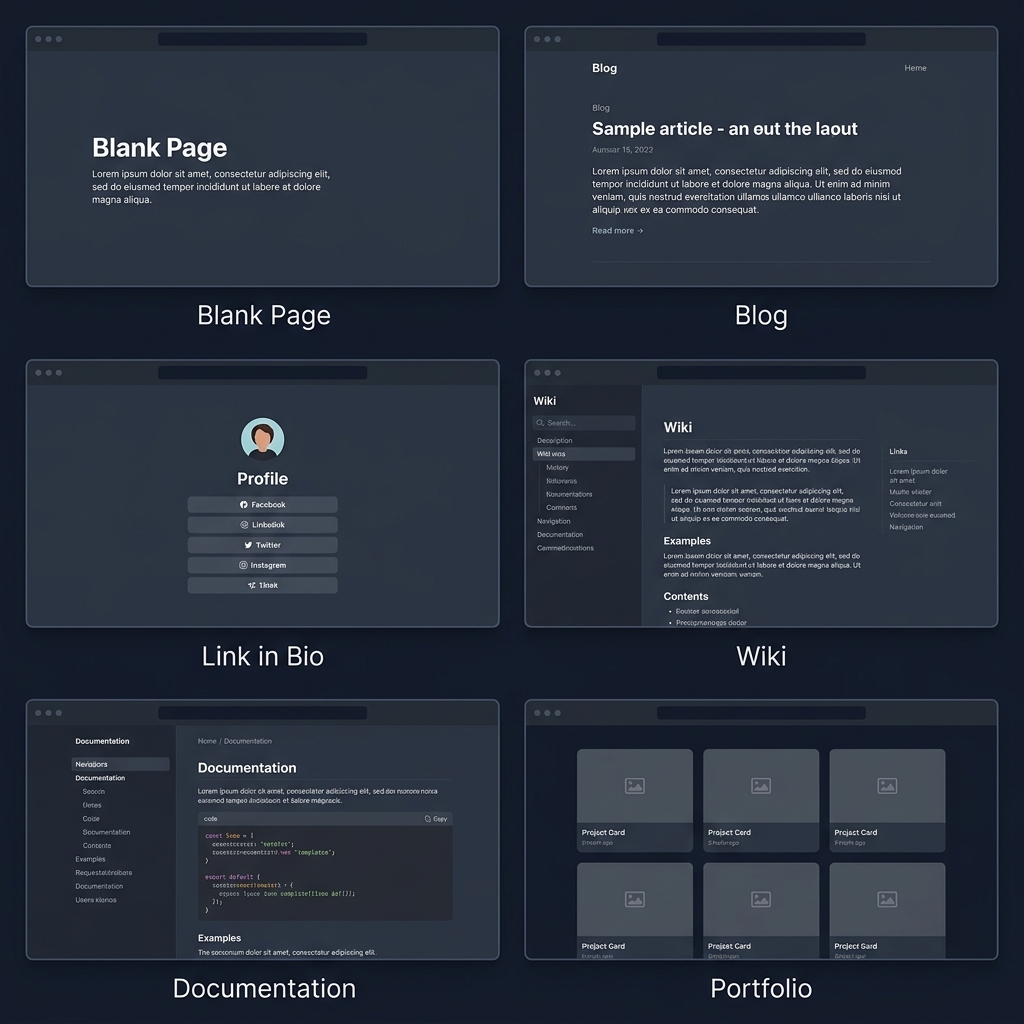 A gallery preview of the official Simple Page templates: Blank Page, Blog, Link in Bio, Wiki, and Documentation.